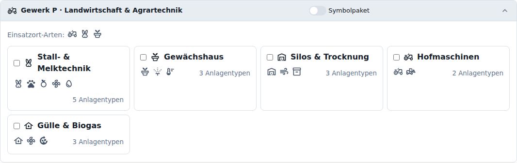 Gewerk P · Landwirtschaft & Agrartechnik Symbolpaket
