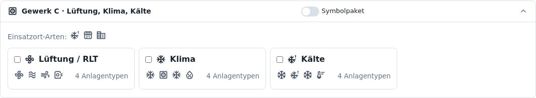 Gewerk C · Lüftung, Klima, Kälte Symbolpaket